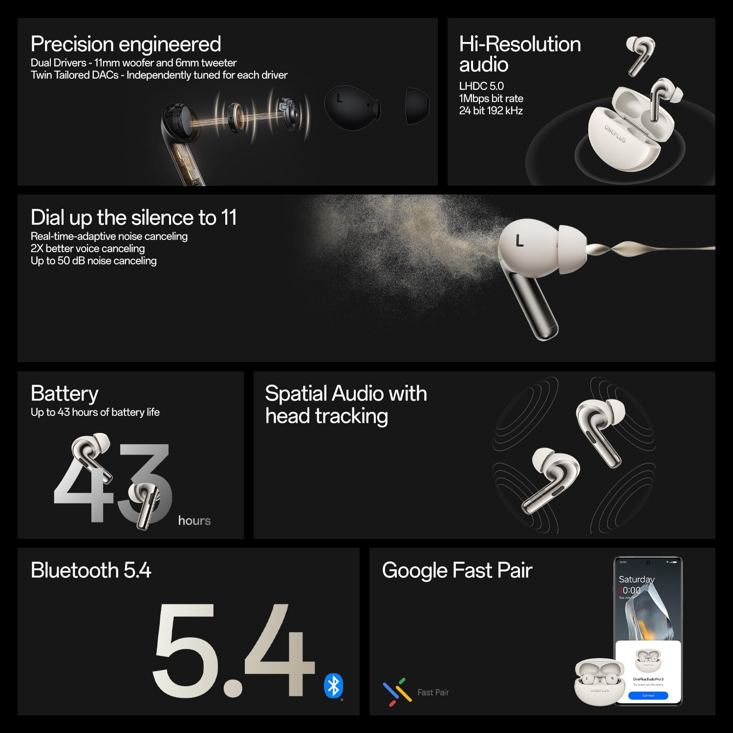 ONEPLUS Buds Pro 3 Wireless Earbuds, Dual Drivers in-Ear Buds, Dual DACs, Dynaudio EQs, Up to 50dB Adaptive Noise Cancellation, Up to 43Hrs Battery (Lunar Radiance)