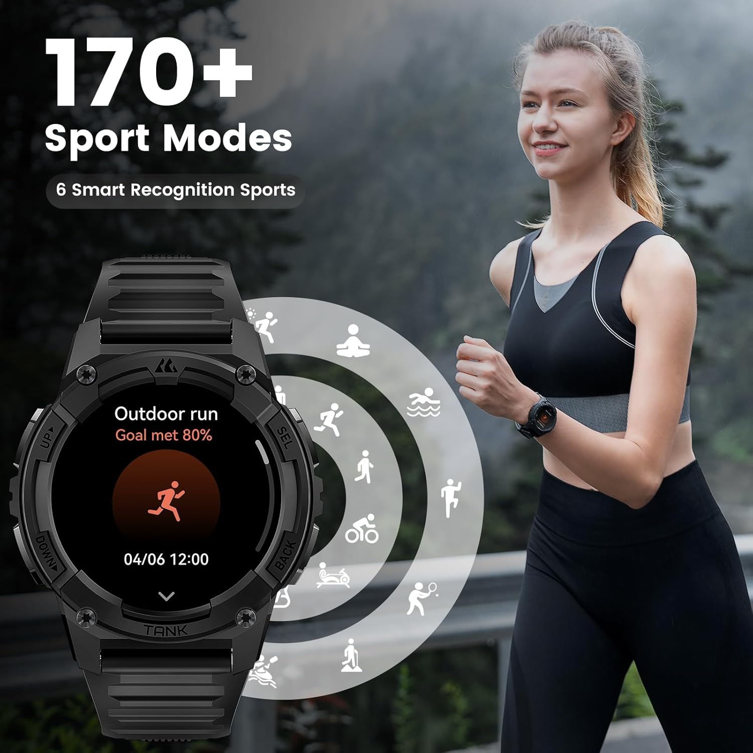 KOSPET Tank S2 Smart Watch for Men Women GPS, 5ATM Waterproof, Pressure/Altitude/Compass, 1.32" AMOLED Display Fitness Tracker(Answer/Make Call), AI Voice Assistant, 24H Sleep/Hear Rate Monitor - Black