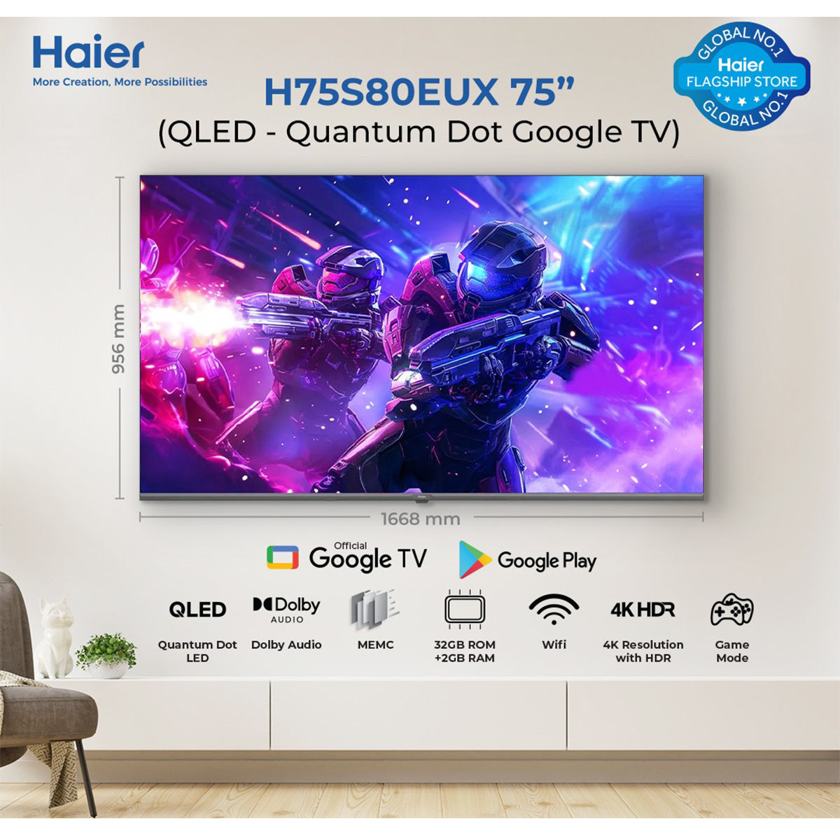 Haier 75" 4K HDR Google TV QLED-S80Series-H75S80EUX (MEMC, Bezel Less, QLED, Dolby Audio)