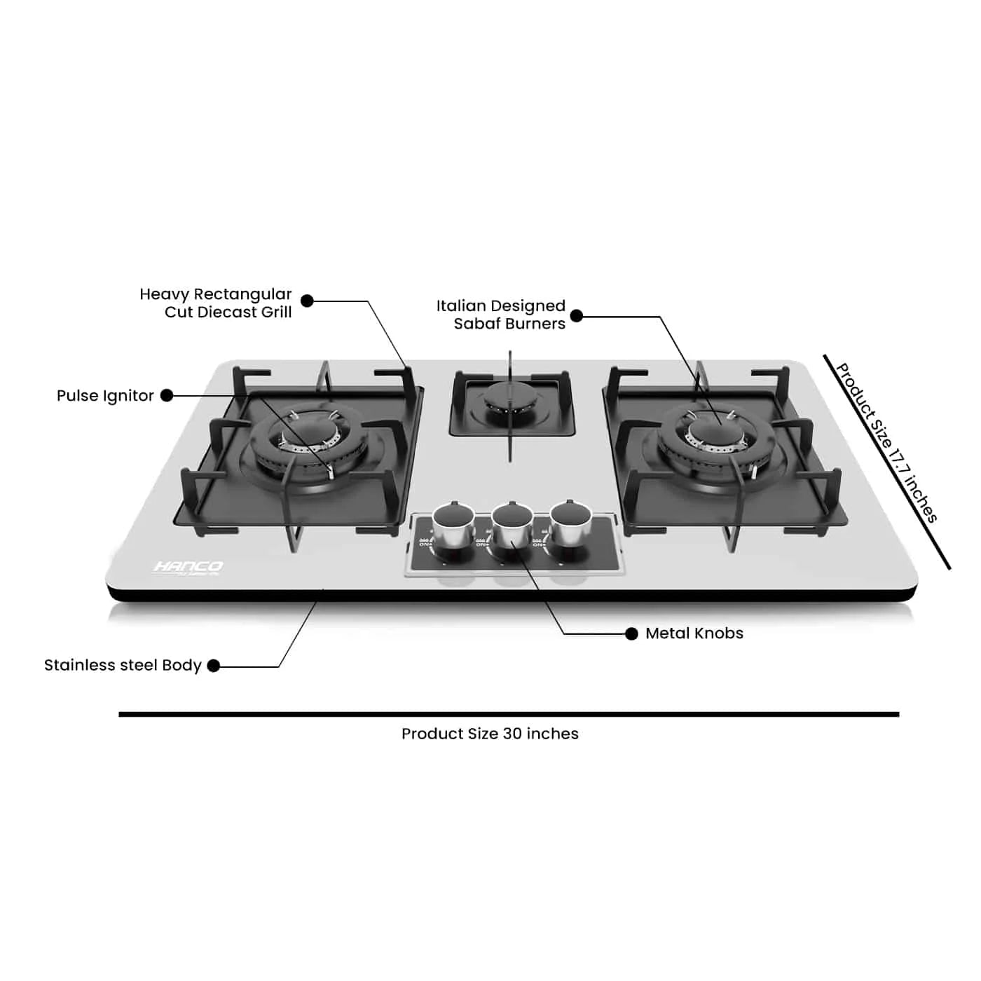 Hanco HH-T760FB 3 Burner, 760 mm, Black Steel, Square Heavy Grill, Sabaf Burner. Heavy Grill