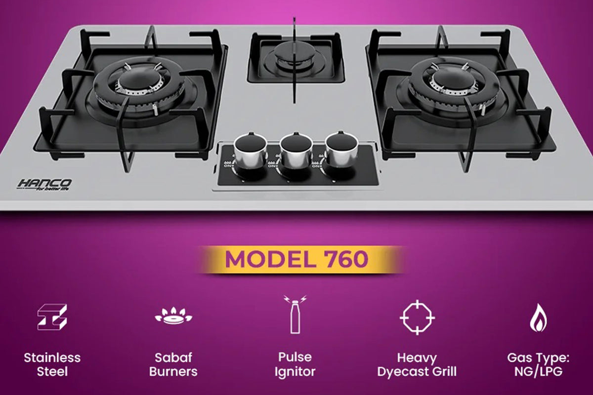 Hanco HH-T760FB 3 Burner, 760 mm, Black Steel, Square Heavy Grill, Sabaf Burner. Heavy Grill