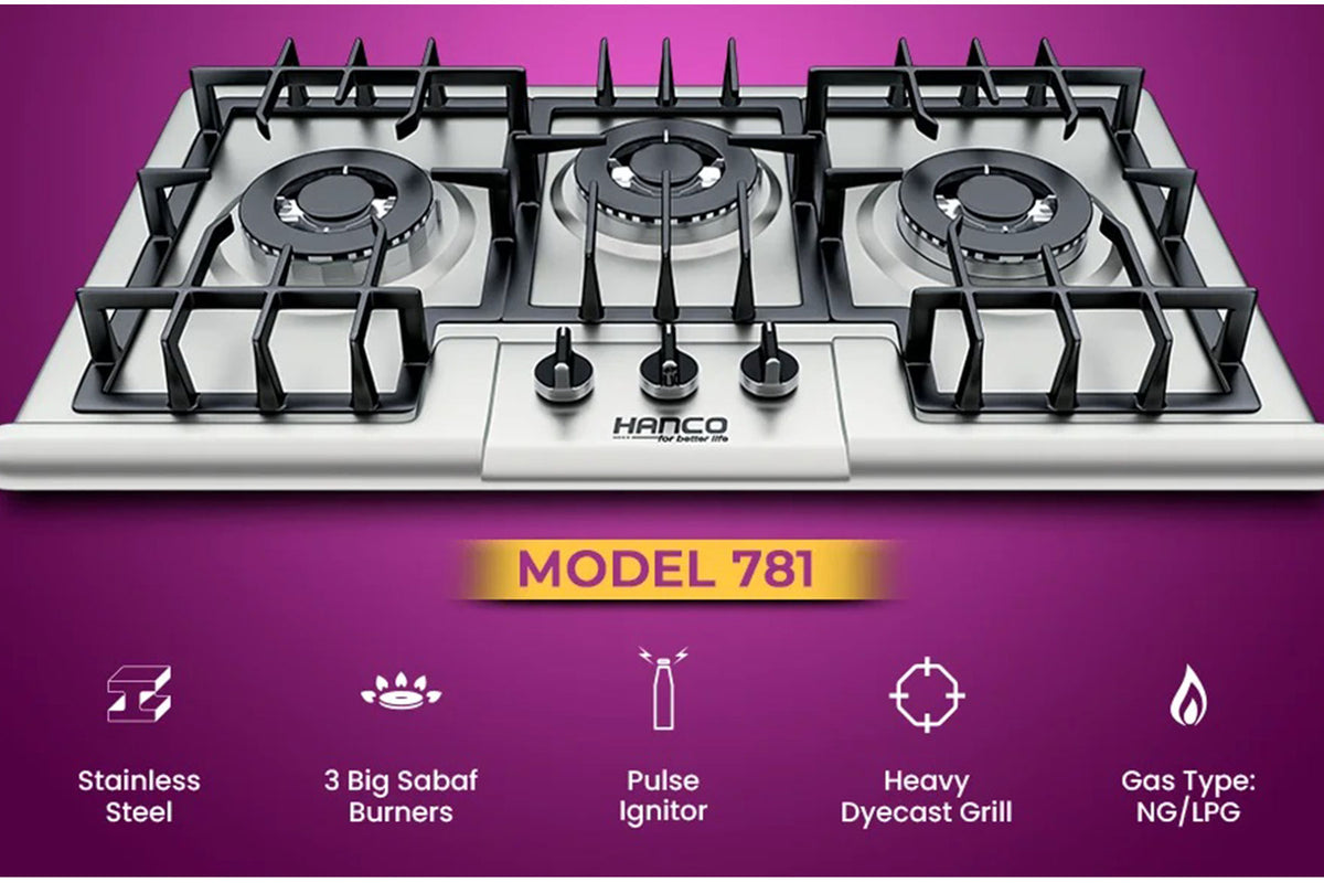 Hanco Regular Hob Stainless Steel Body	Model 781 3 Burner, 800 mm,  Steel, Heavy Grill, Sabaf Burner, -AAA.