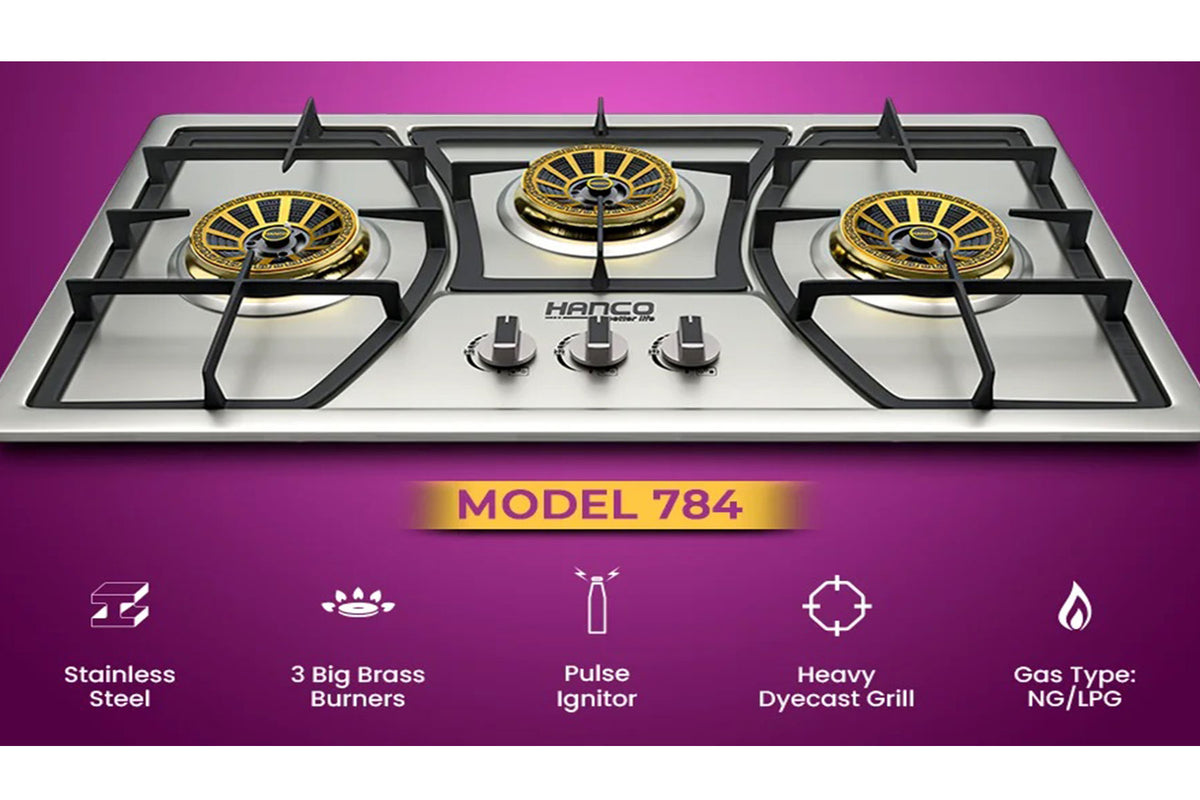 Hanco Regular Hob Stainless Steel Body Model 784 3 Burner, 800 mm, Steel, Heavy D Shape Grill, 3 Big Brass Burner.
