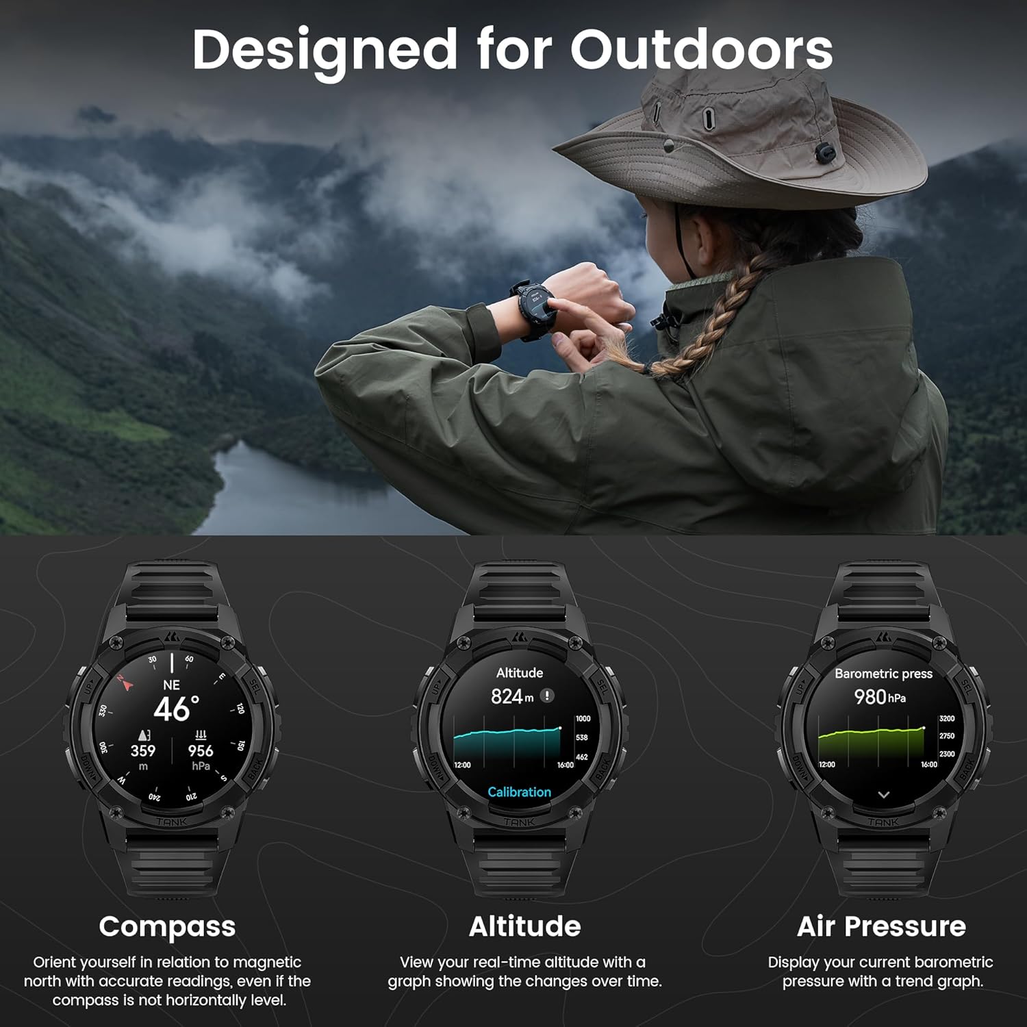 KOSPET Tank S2 Smart Watch for Men Women GPS, 5ATM Waterproof, Pressure/Altitude/Compass, 1.32" AMOLED Display Fitness Tracker(Answer/Make Call), AI Voice Assistant, 24H Sleep/Hear Rate Monitor - Black