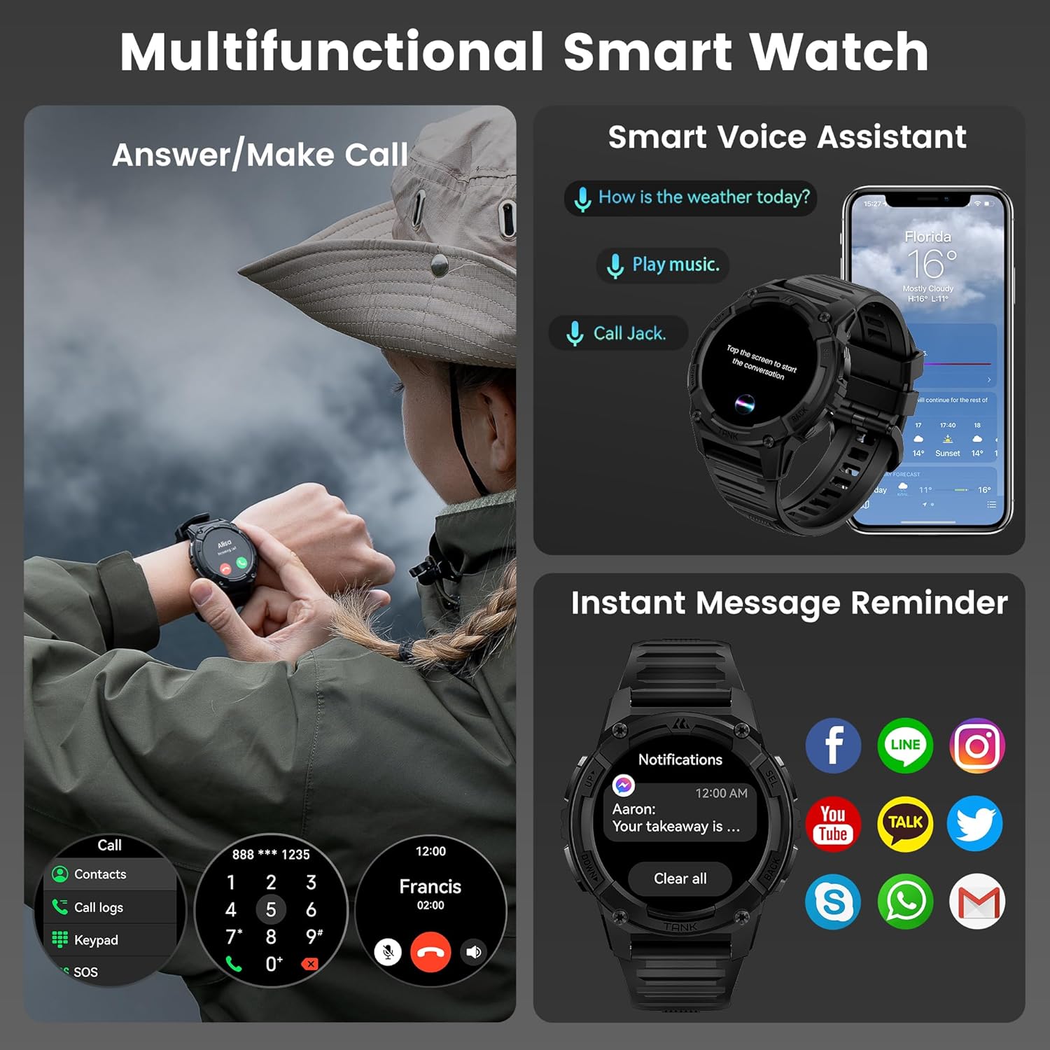 KOSPET Tank S2 Smart Watch for Men Women GPS, 5ATM Waterproof, Pressure/Altitude/Compass, 1.32" AMOLED Display Fitness Tracker(Answer/Make Call), AI Voice Assistant, 24H Sleep/Hear Rate Monitor - Black