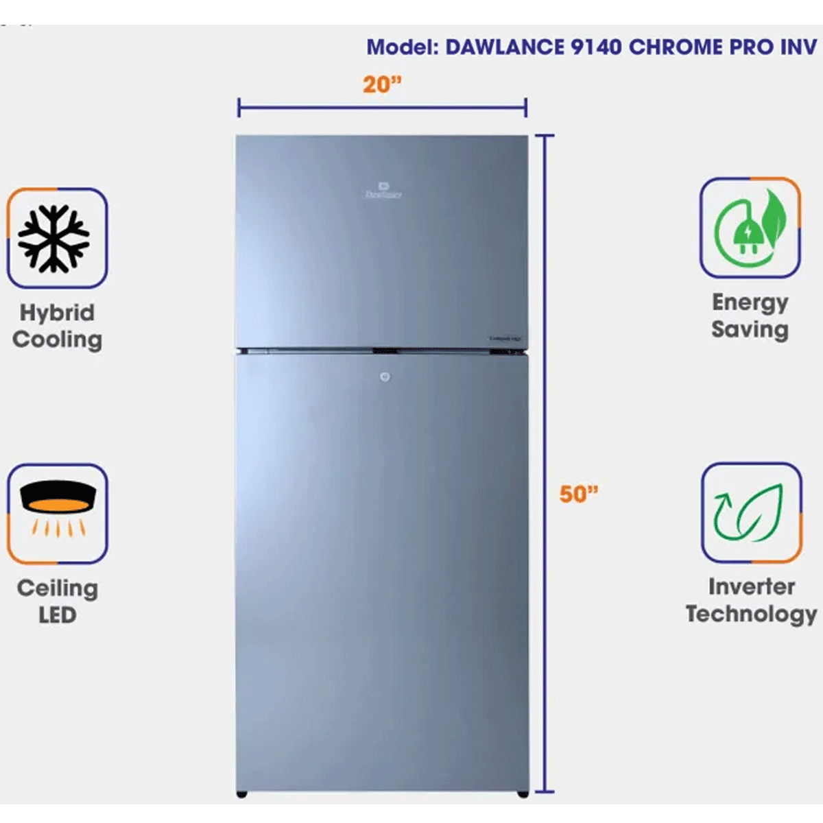 Dawlance 9140 Chrome Pro Inverter Double Door Refrigerator 8 Cubic Feet