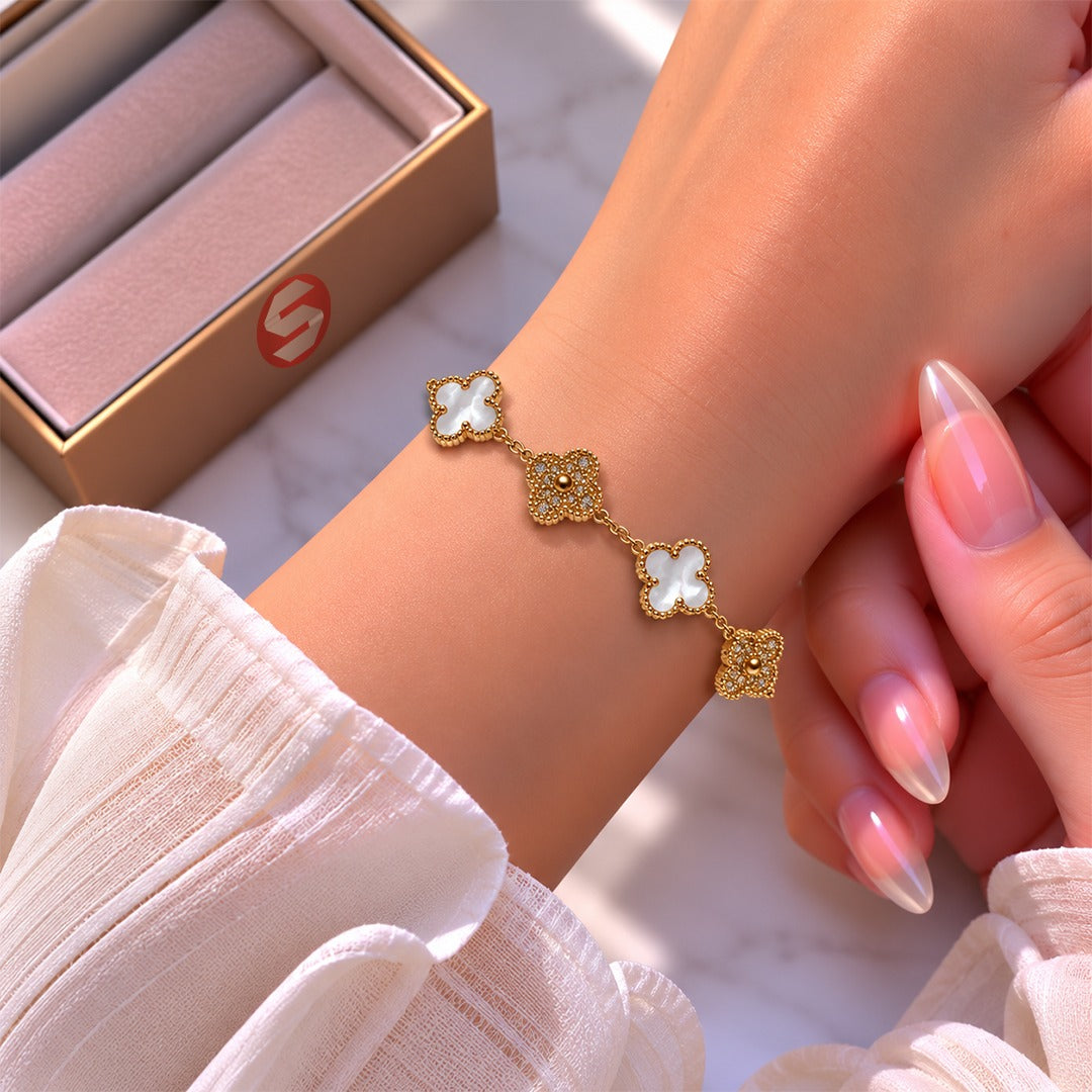 Celestial Radiance Mother of Pearl & Pavé Clover Link Bracelet