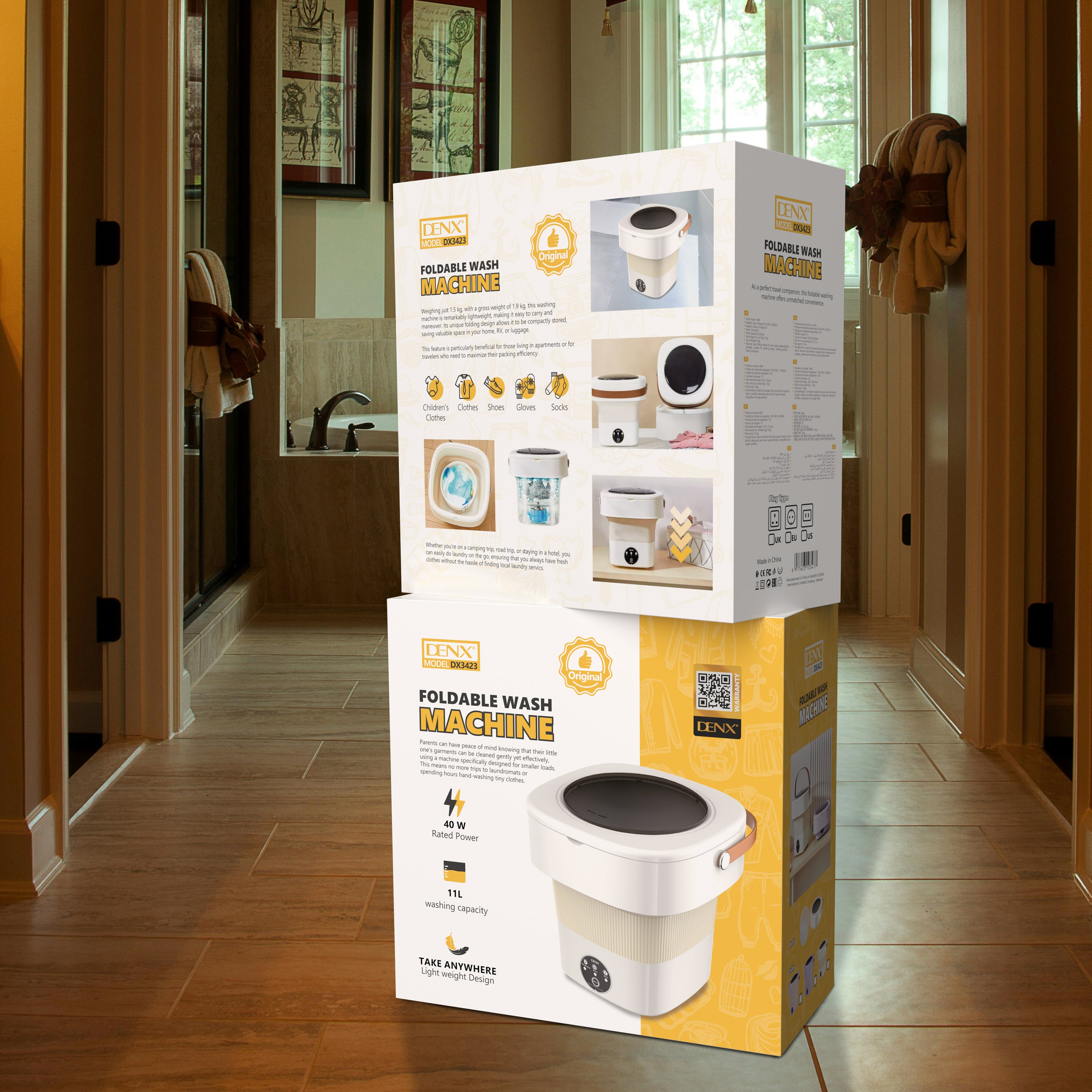 DENX---DX3423 Foldable Mini Washing Machine 11L Capacity, 40W Lightweight Washer with 12V Adapter, Compact Laundry Machine
