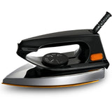 A lightweight, black National Premium dry iron with a thermostatic pilot lamp and a deluxe metal cover.