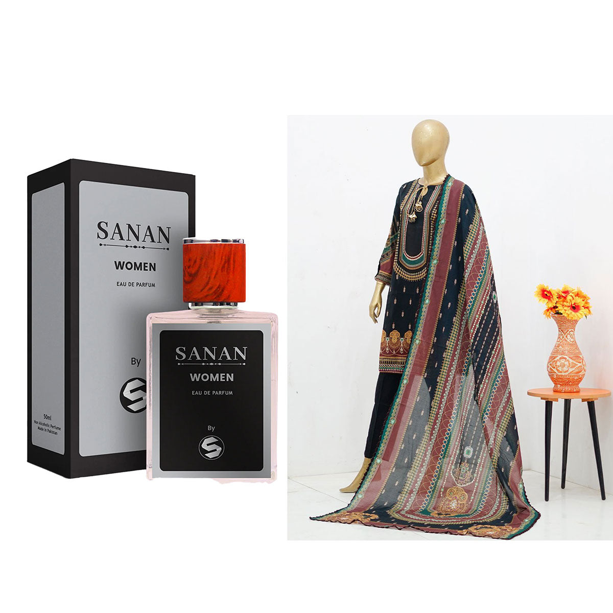 Surmawala Lawn | Printed Fabric 3 Piece Unstitched Collection - (Article 1) + Surmawala Sanan For Women EAU DE PARFUM - 50ML