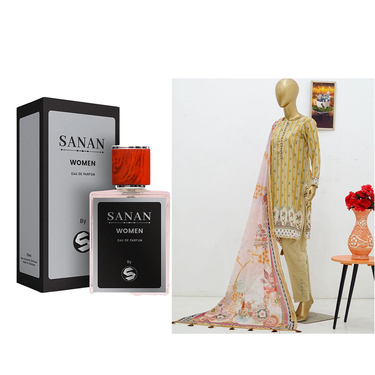 Surmawala Lawn | Printed Fabric 3 Piece Unstitched Collection - (Article 10) + Surmawala Sanan For Women EAU DE PARFUM - 50ML