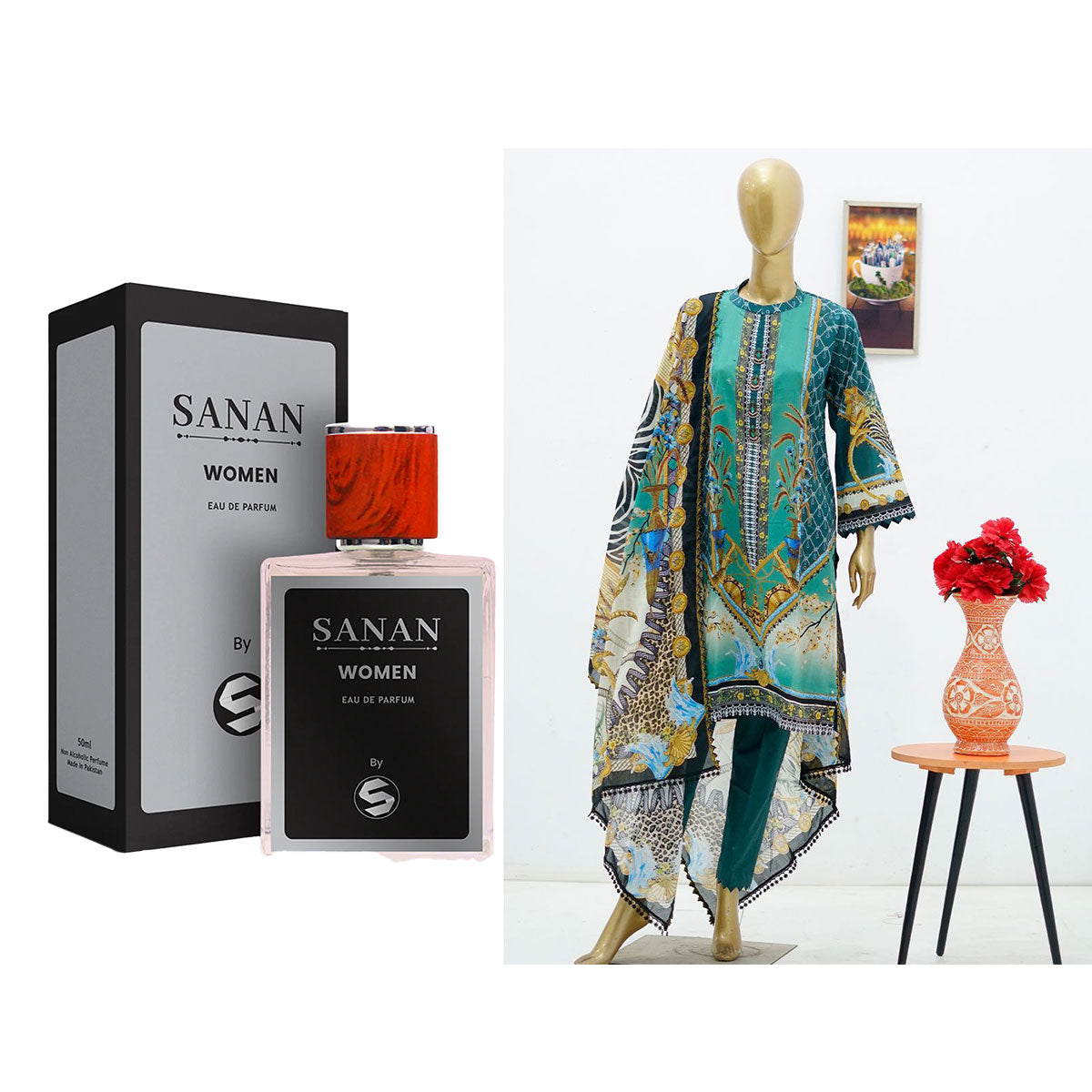 Surmawala Lawn | Printed Fabric 3 Piece Unstitched Collection - (Article 11) + Surmawala Sanan For Women EAU DE PARFUM - 50ML