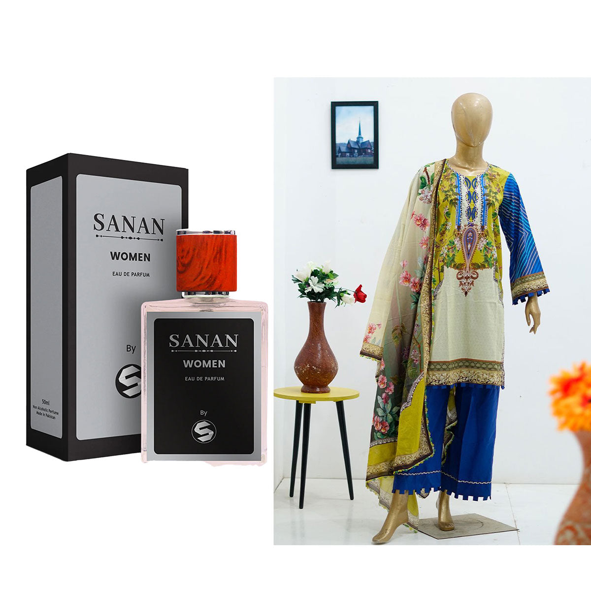 Surmawala Lawn | Printed Fabric 3 Piece Unstitched Collection - (Article 12) + Surmawala Sanan For Women EAU DE PARFUM - 50ML