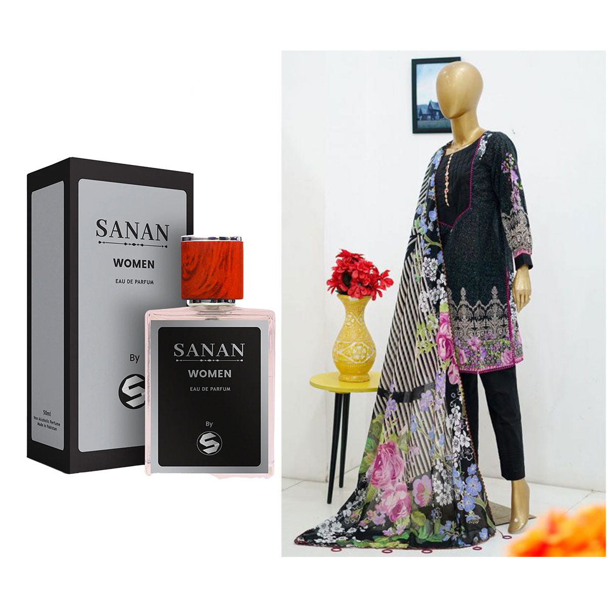 Surmawala Lawn | Printed Fabric 3 Piece Unstitched Collection - (Article 14) + Surmawala Sanan For Women EAU DE PARFUM - 50ML