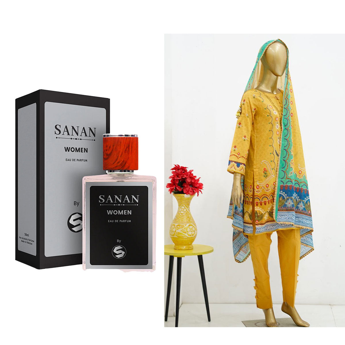 Surmawala Lawn | Printed Fabric 3 Piece Unstitched Collection - (Article 2) + Surmawala Sanan For Women EAU DE PARFUM - 50ML
