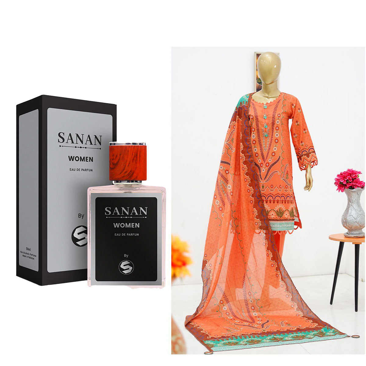 Surmawala Lawn | Printed Fabric 3 Piece Unstitched Collection - (Article 4) + Surmawala Sanan For Women EAU DE PARFUM - 50ML