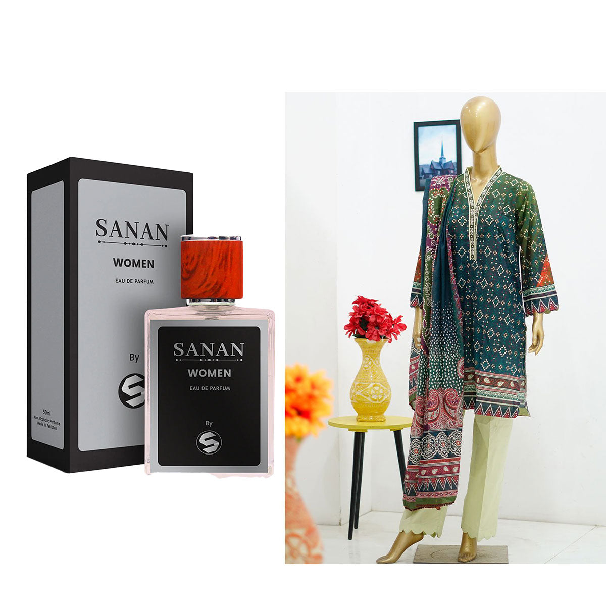 Surmawala Lawn | Printed Fabric 3 Piece Unstitched Collection - (Article 5) + Surmawala Sanan For Women EAU DE PARFUM - 50ML