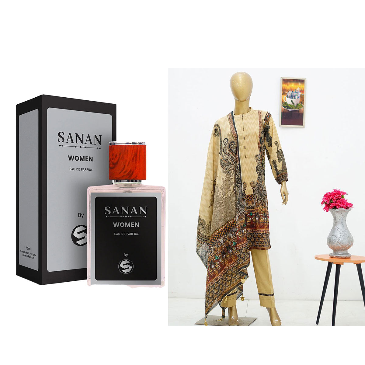 Surmawala Lawn | Printed Fabric 3 Piece Unstitched Collection - (Article 6) + Surmawala Sanan For Women EAU DE PARFUM - 50ML