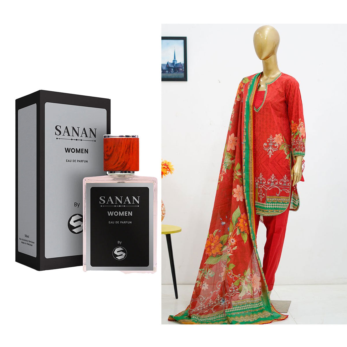 Surmawala Lawn | Printed Fabric 3 Piece Unstitched Collection - (Article 8) + Surmawala Sanan For Women EAU DE PARFUM - 50ML