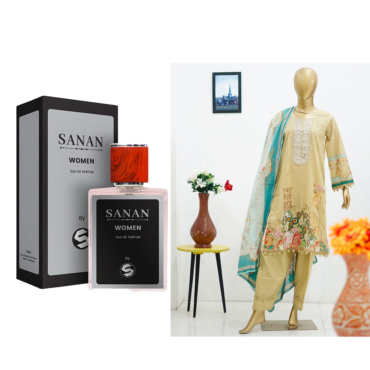 Surmawala Lawn | Printed Fabric 3 Piece Unstitched Collection - (Article 9) + Surmawala Sanan For Women EAU DE PARFUM - 50ML