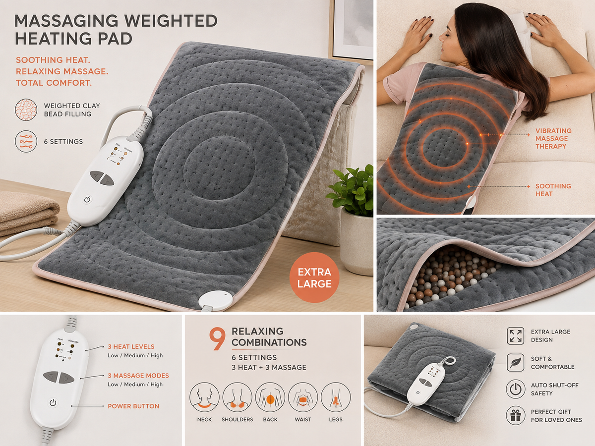 Massaging Weighted Heating Pad with Heat & Vibration Therapy | 6 Settings | Extra Large Pain Relief Pad