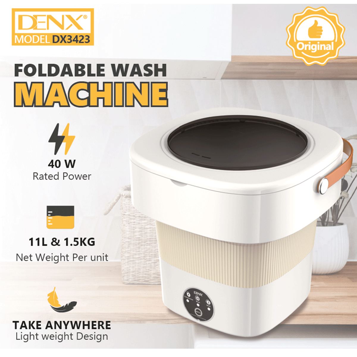 DENX---DX3423 Foldable Mini Washing Machine 11L Capacity, 40W Lightweight Washer with 12V Adapter, Compact Laundry Machine