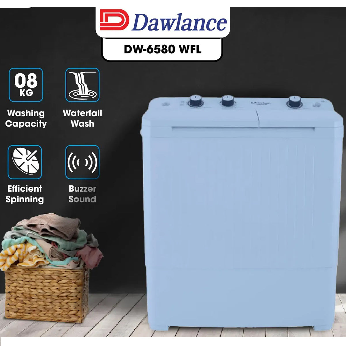 Dawlance DW-6580 W FL Twin Tub Washing Machine 8KG Capacity Energy Efficient and Deep Waterfall Wash