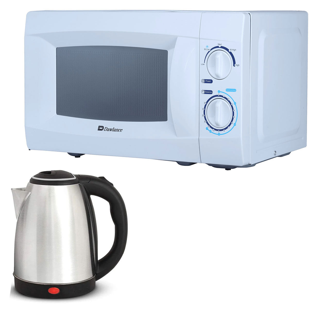 Dawlance microwave oven in white with a pop of color featuring a stainless steel kettle on the front.
