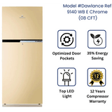 Dawlance refrigerator model 9140 WB E Chrome with features highlighted such as optimized door pockets, 35% energy saving, top LED light, and 12 years compressor warranty.