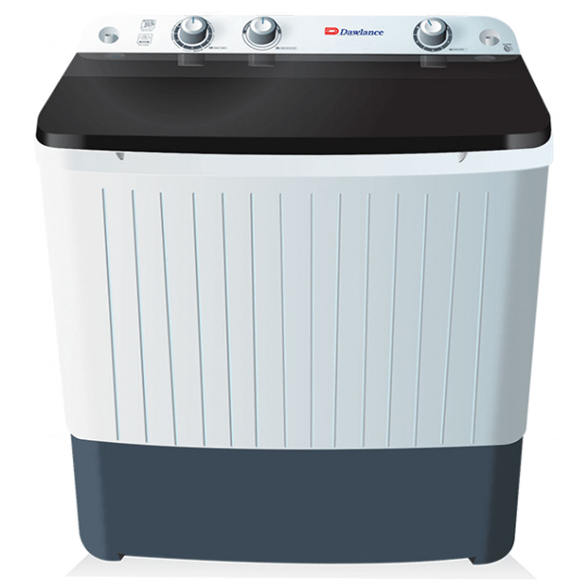 A front-load washing machine with a gray and blue exterior, branded Dawlance.