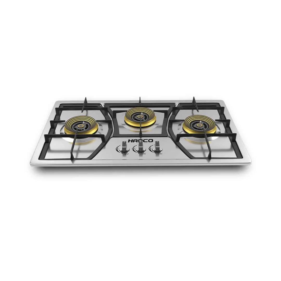 Hanco Regular Hob Stainless Steel Body Model 784 3 Burner, 800 mm, Steel, Heavy D Shape Grill, 3 Big Brass Burner.