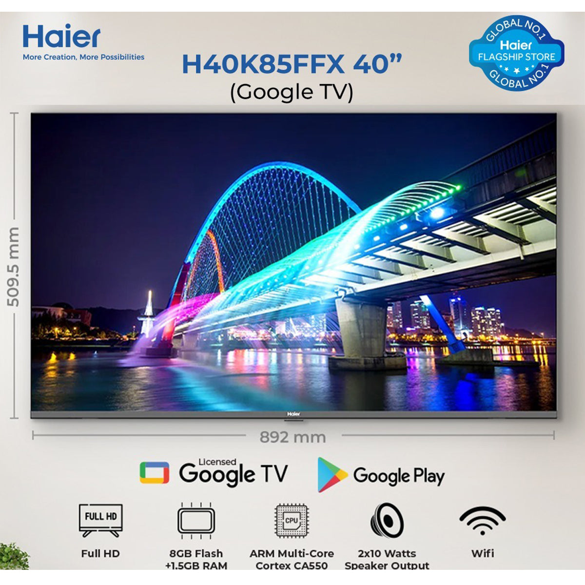 Haier 40" Google LED TV K85 Series H40K85FFX Google TV + Bezeless + Full HD