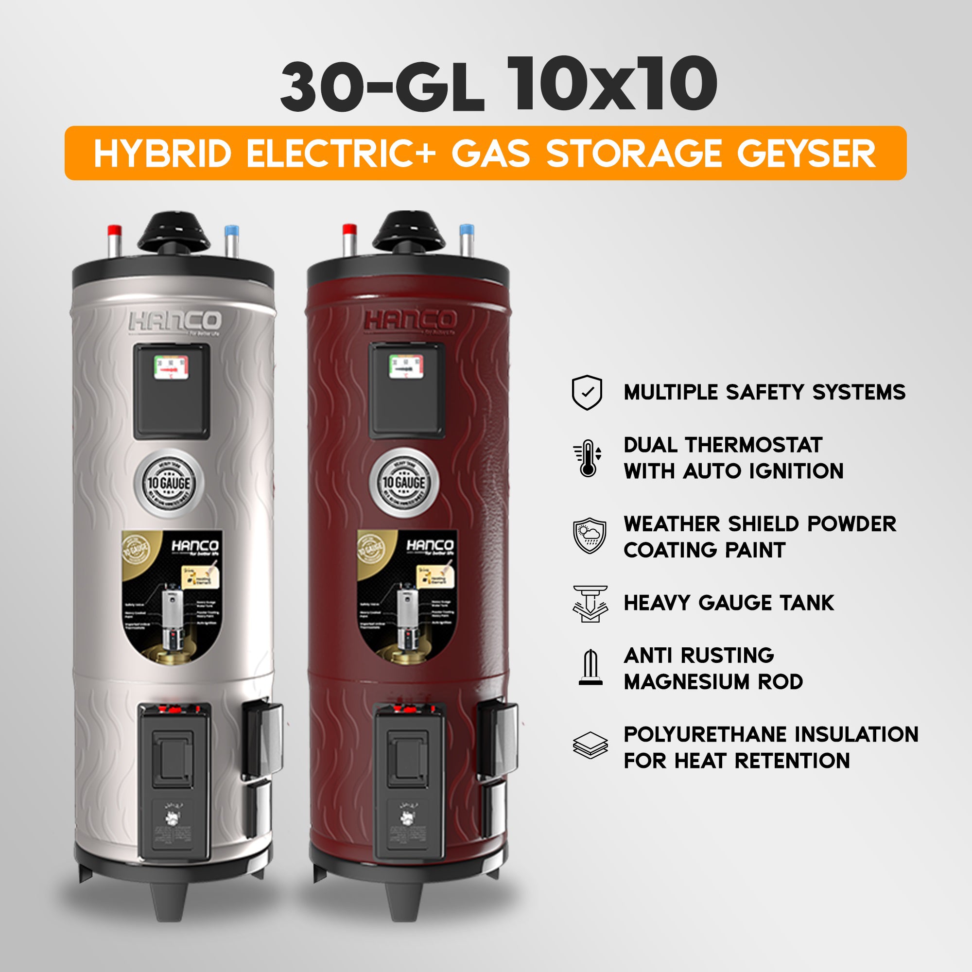 Two Hanco hybrid electric and gas storage geysers, one with a silver finish and the other with a red finish, both having digital displays and multiple safety systems as highlighted in the image.