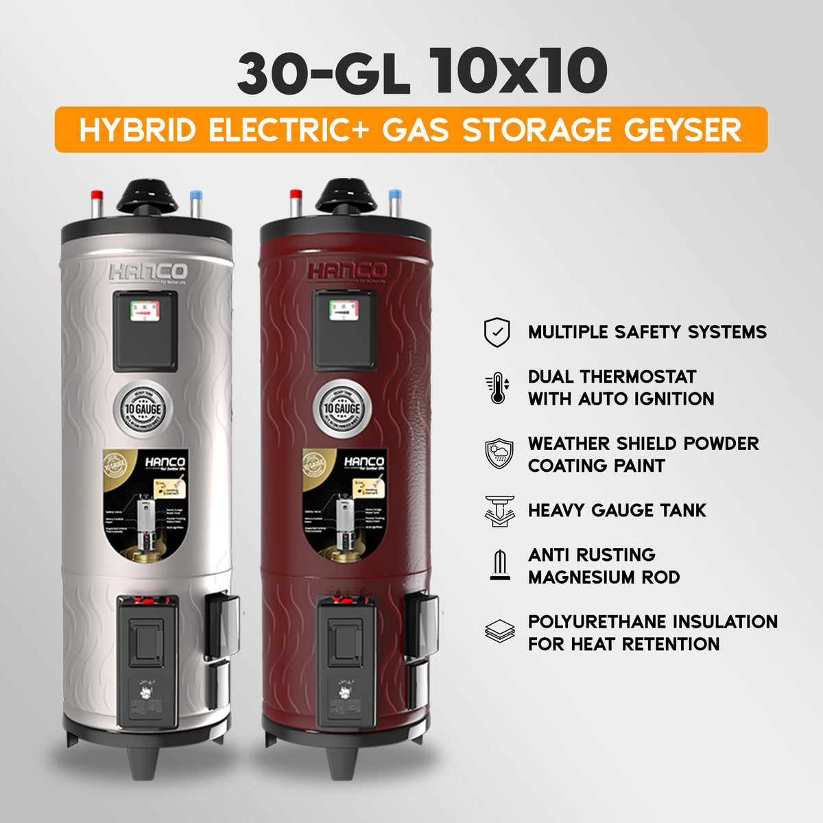 Two Hanco hybrid electric and gas storage geysers, one with a silver finish and the other with a red finish, both having digital displays and multiple safety systems as highlighted in the image.