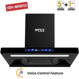 Black Hanco kitchen exhaust hood with warranty information on a white background