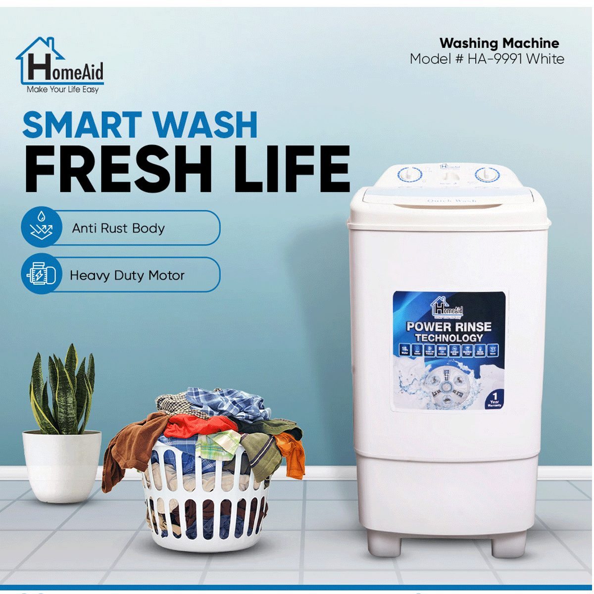 Bring convenience and performance together with the HomeAid HA-9991 Single Tub Washing Machine — designed for effortless washing and long-lasting reliability. With a powerful motor, durable body, and energy-efficient design, this machine saves time, water, and electricity while giving your clothes a fresh, deep clean every time. Perfect for small families, bachelors, and quick laundry needs, the HA-9991 is compact yet powerful — making your daily wash effortless and efficient.