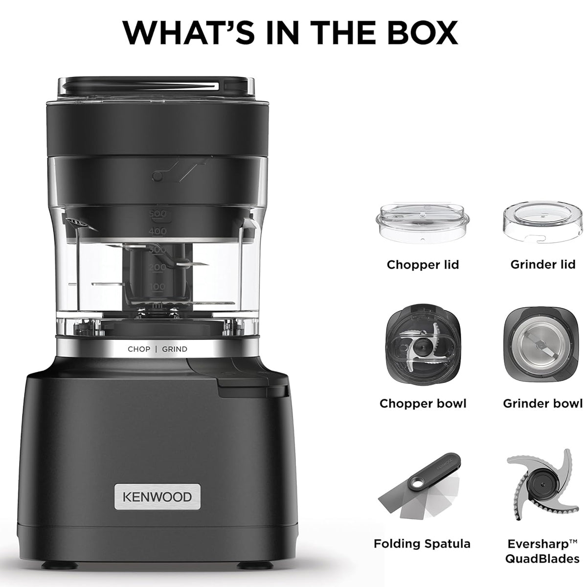 Kenwood Duo Prep CHP80.000BK, Food Chopper and Grinder 2-in-1 with Serrated Quadblades, High Speed Compact Grinder, Non Slip Base, Dishwasher Safe, 800W