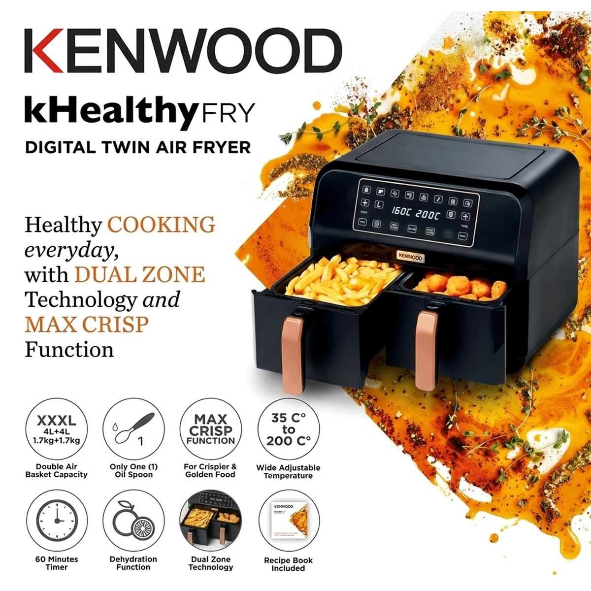 KENWOOD Digital Twin Air Fryer HFP70.000BK - 8 Liters (4L + 4L) Capacity