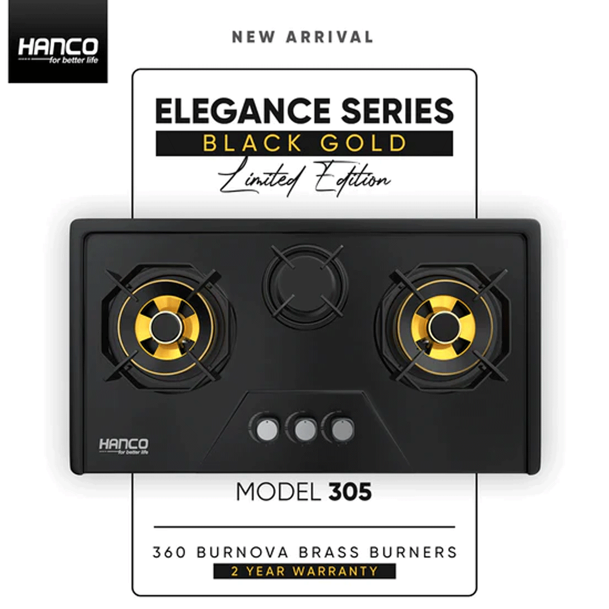 HANCO Model 305 - Elegance Series - Burnova Brass Burners - Auto Ignition Stove - Black Gold | Limited Edition