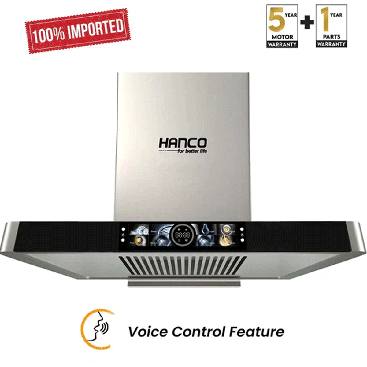 Hanco kitchen hood with warranty information and voice control feature on a white background