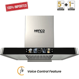 Hanco kitchen hood with warranty information and voice control feature on a white background