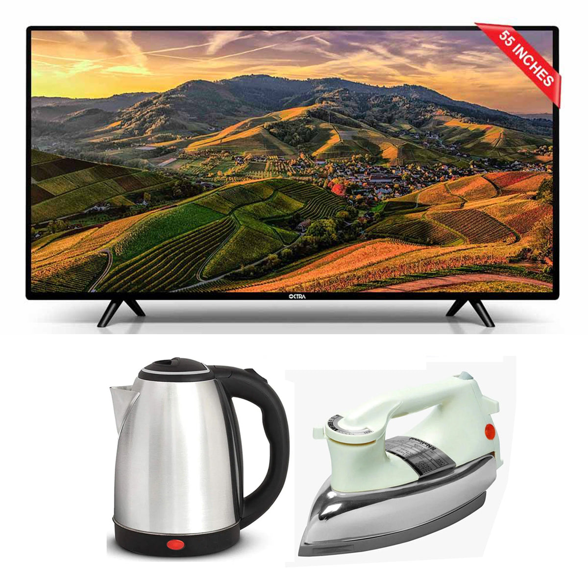 OKTRA K571S 55-Inch Smart Series Android HD LED TV + Premium Electric Kettle + Premium Iron