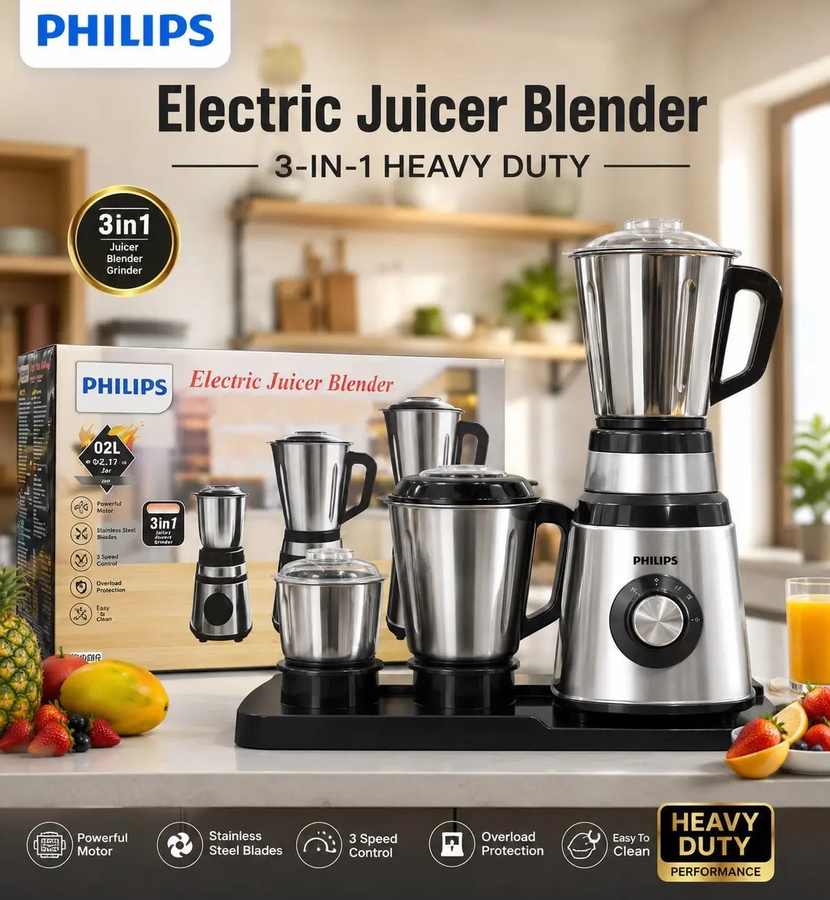 Philips Electric Juicer Blender 3-In-1 Heavy Duty Stainless Steel Grinder Machine (Local Pakistani Made)