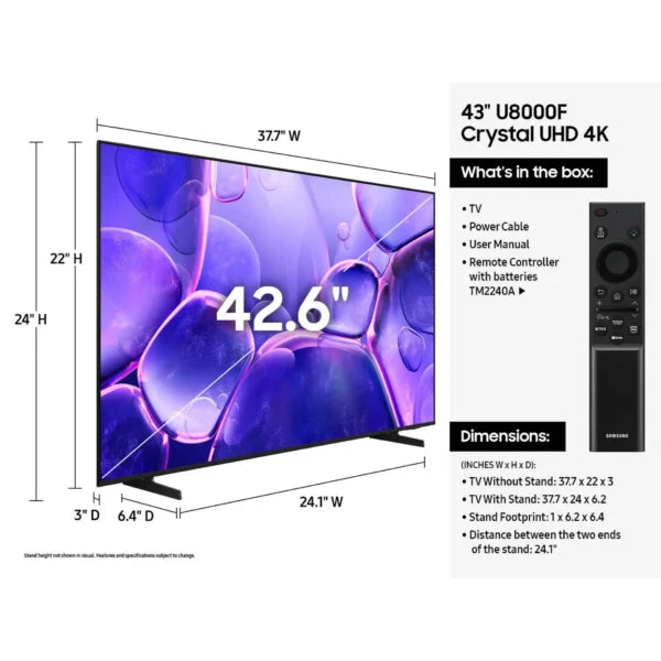 Samsung UA43U8000F 43-Inch Crystal UHD 4K Smart TV With Crystal Processor 4K, 50Hz Refresh Rate, Motion Xcelerator & Tizen OS