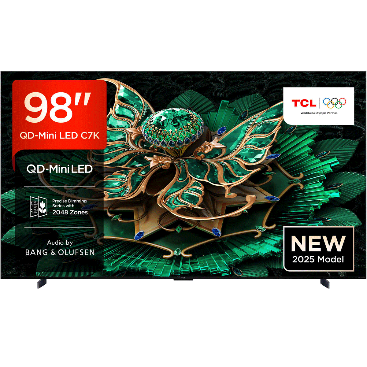 98-inch TCL QD-Mini LED C7K TV with decorative design on screen