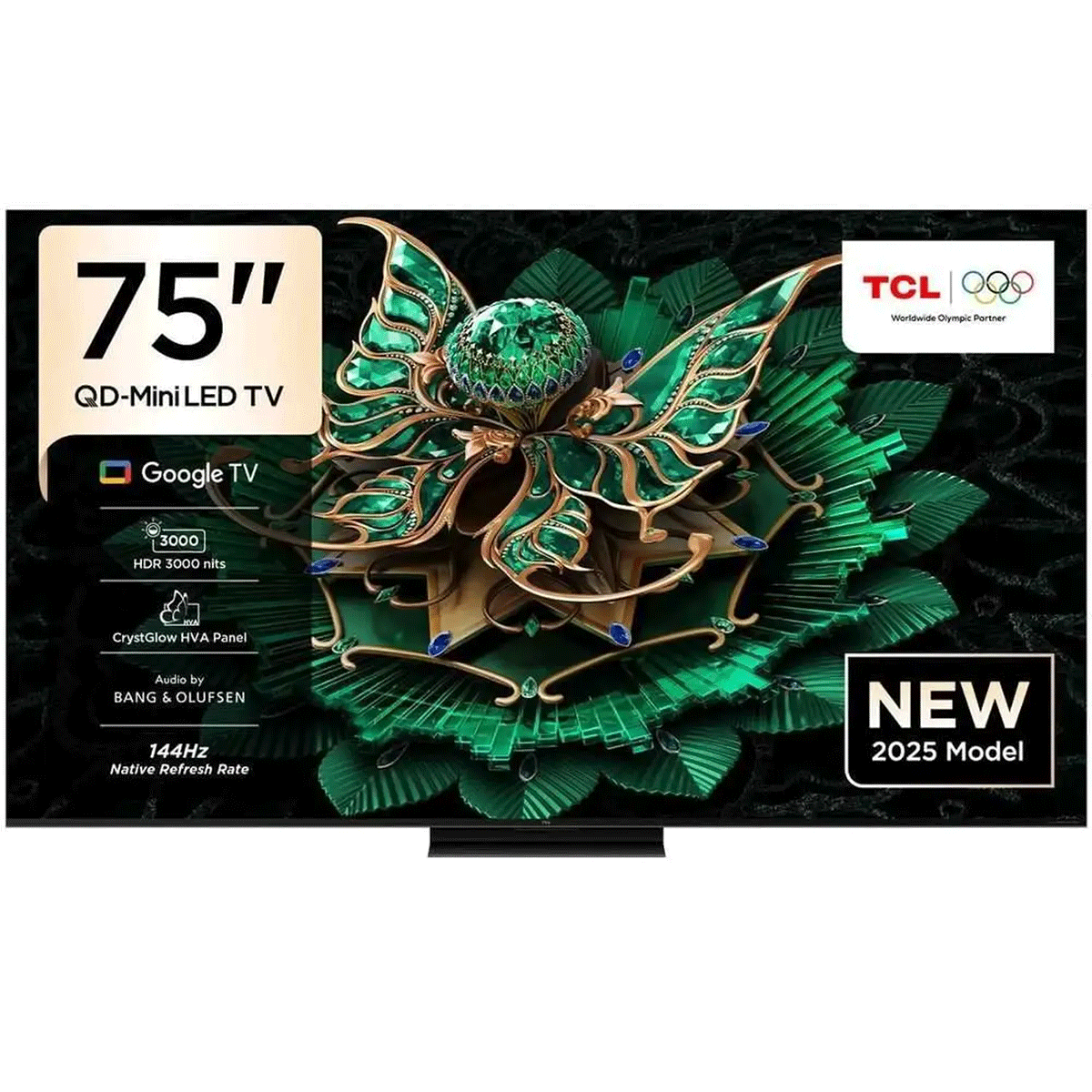 75-inch TCL QD-Mini LED TV with decorative design on screen