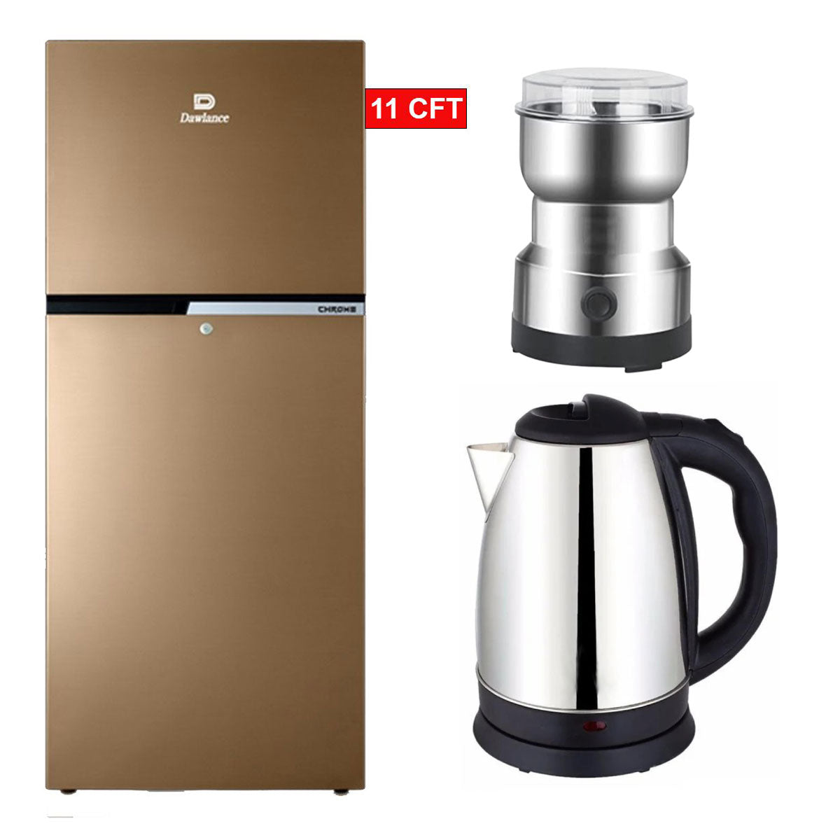 Dawlance 9160 WB Chrome FH Freezer-On-Top Refrigerator - 11 CFT + Imported Kettle + Masala  Grinder