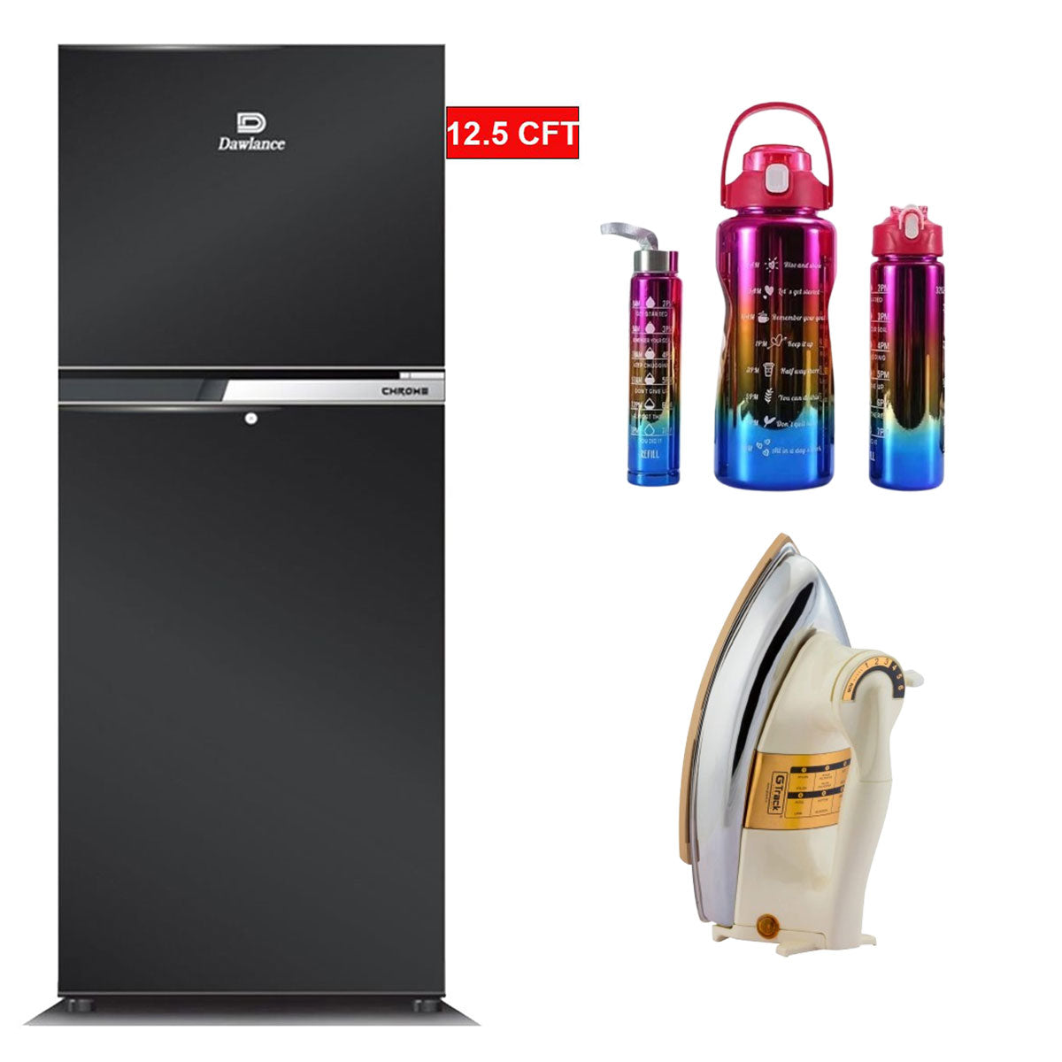 Dawlance 9169 WB Chrome FH Freezer-On-Top Refrigerator - 12 CFT + Imported Water Bottle 3 Set & Iron
