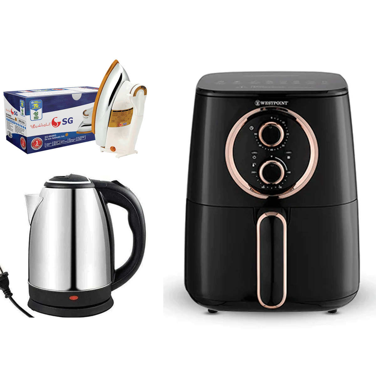 Westpoint Air Fryer WF-5254 - 4 Litres + SG 88AWG/99AWS Deluxe Automatic Iron + Premium Electric Kettle