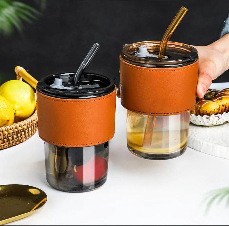 Coffee + Tea Mug Cup With Drinking Straw Lid and PU Leather Sleeve